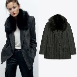 Zara blazer w removable faux fur collar